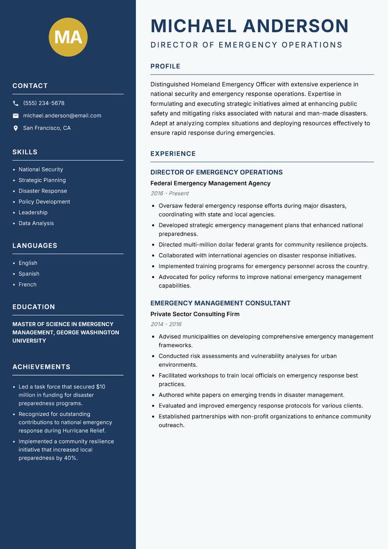 Homeland Emergency Officer Resume Preview Example
