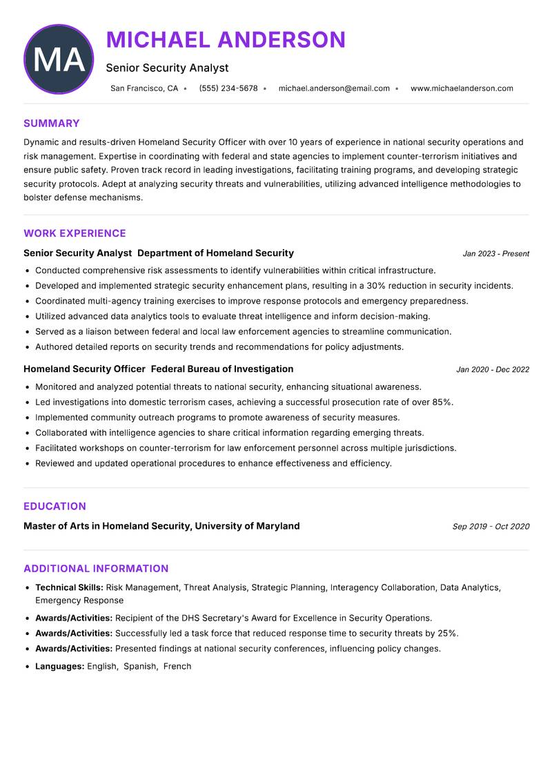 Homeland Security Officer Resume Preview Example