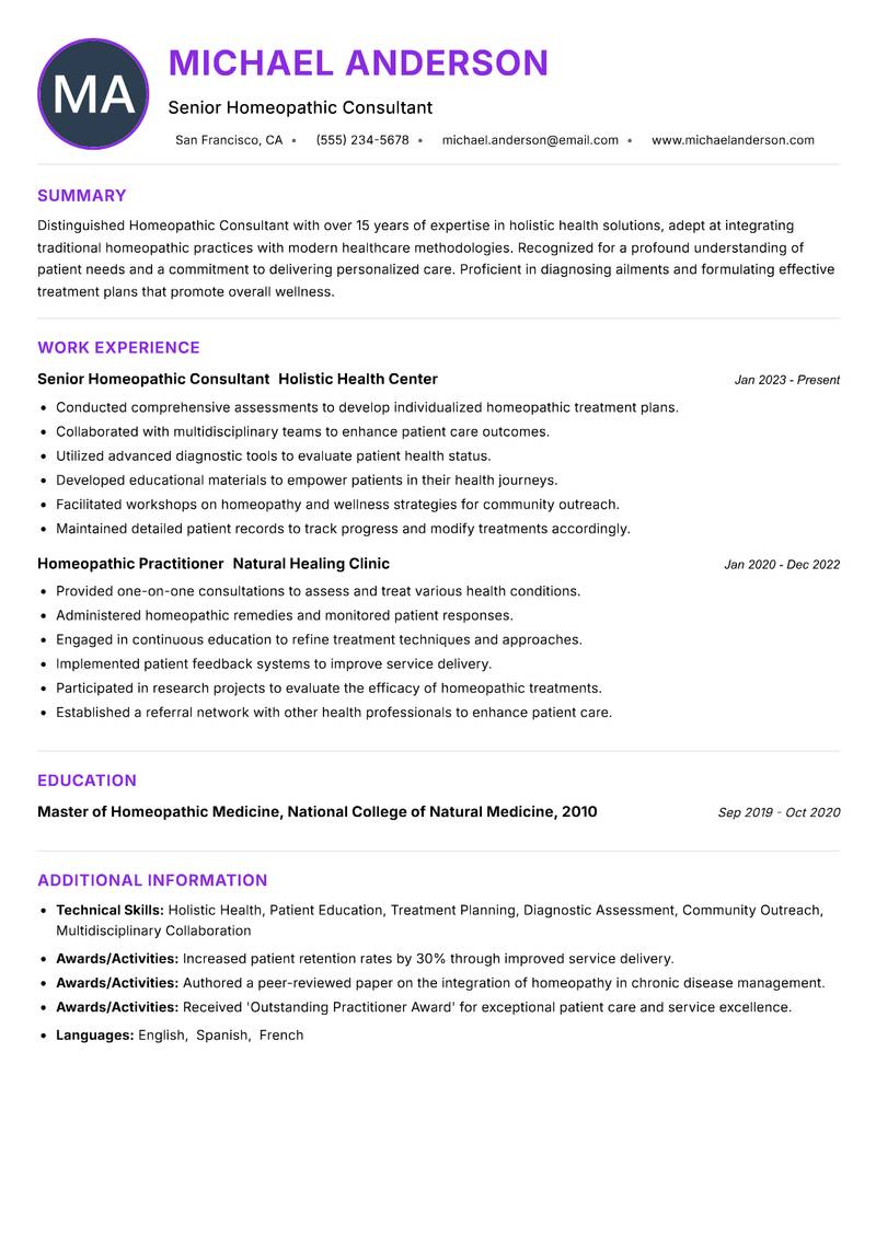 Homeopathic Consultant Resume Preview Example