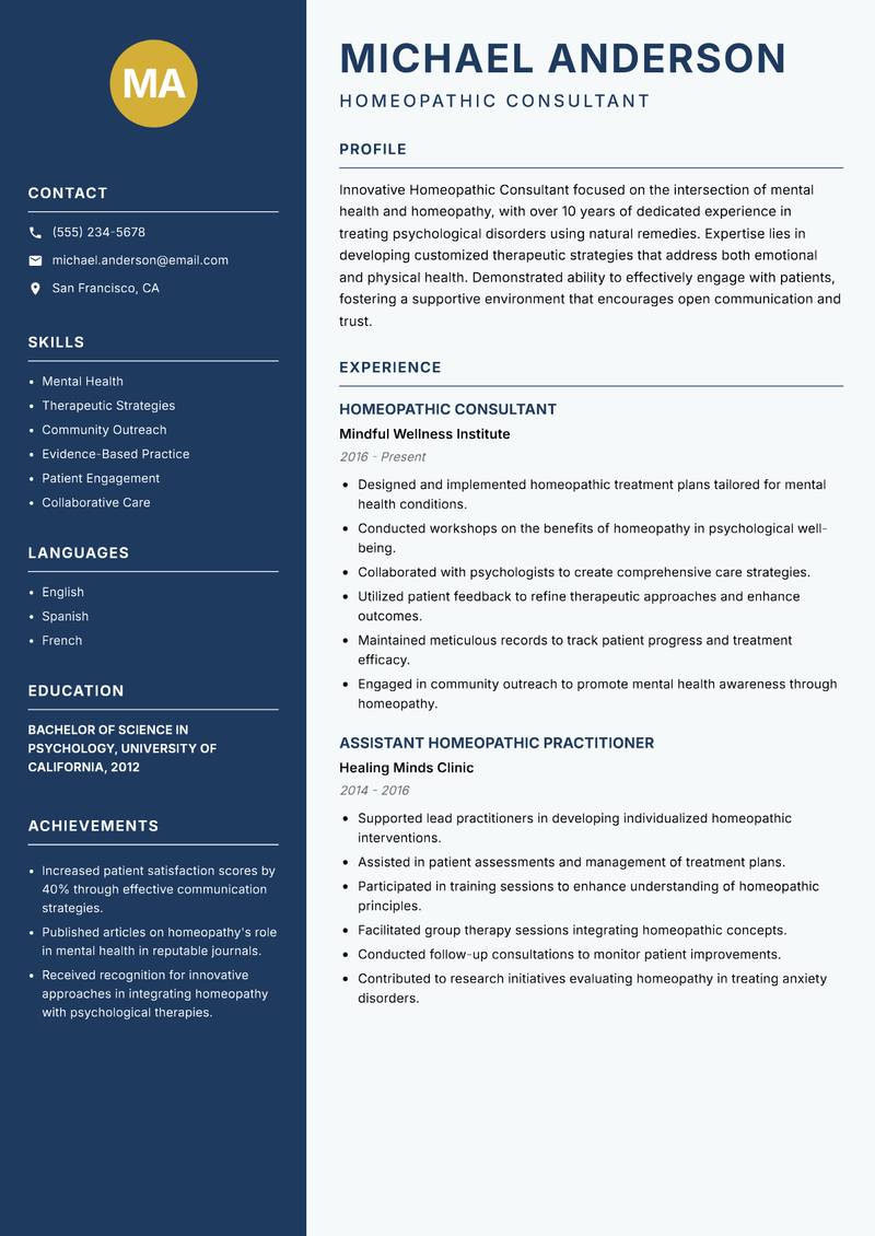 Homeopathic Consultant Resume Preview Example