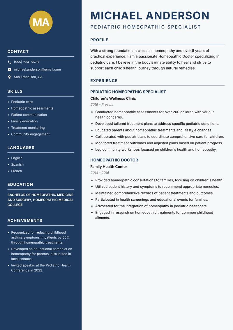 Homeopathic Doctor Resume Preview Example