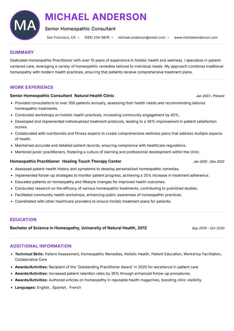 Homeopathic Practitioner Resume Preview Example