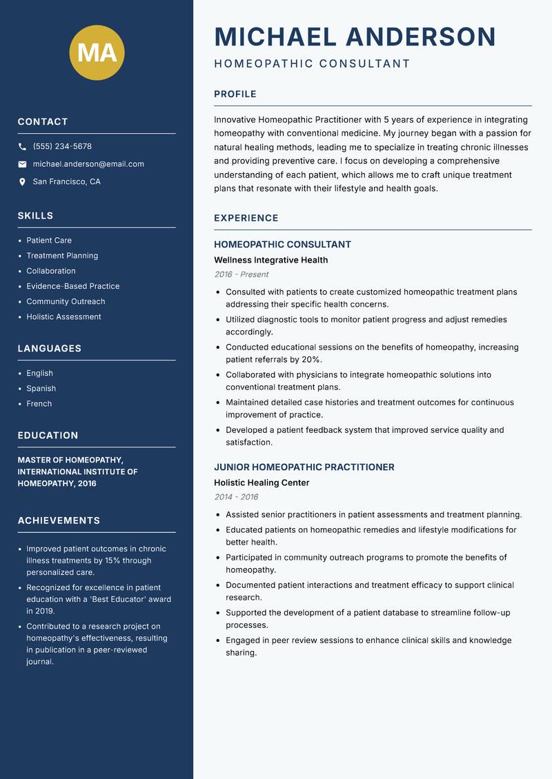 Homeopathic Practitioner Resume Preview Example
