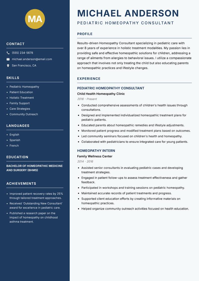 Homeopathy Consultant Resume Preview Example