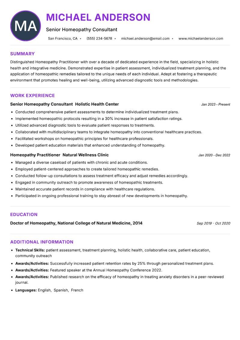 Homeopathy Practitioner Resume Preview Example