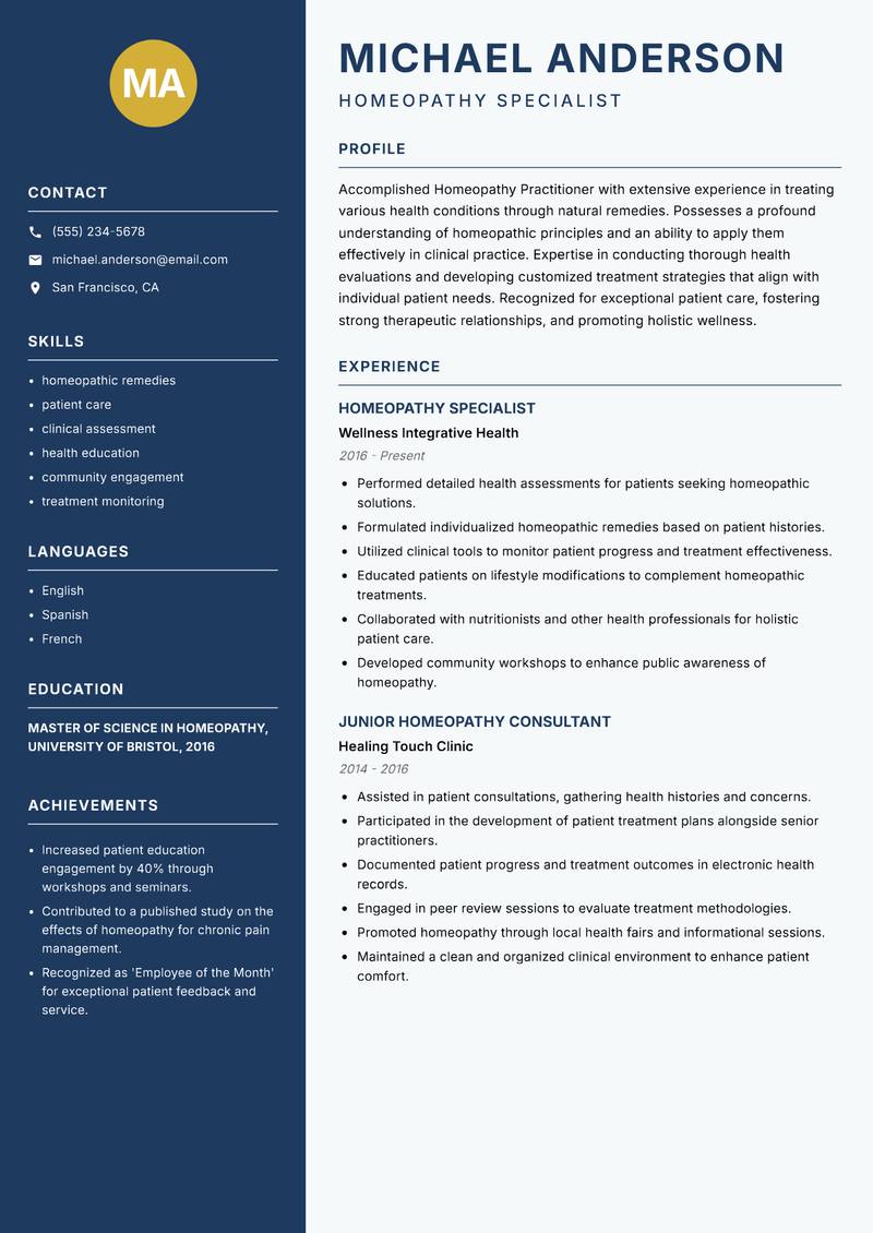 Homeopathy Practitioner Resume Preview Example
