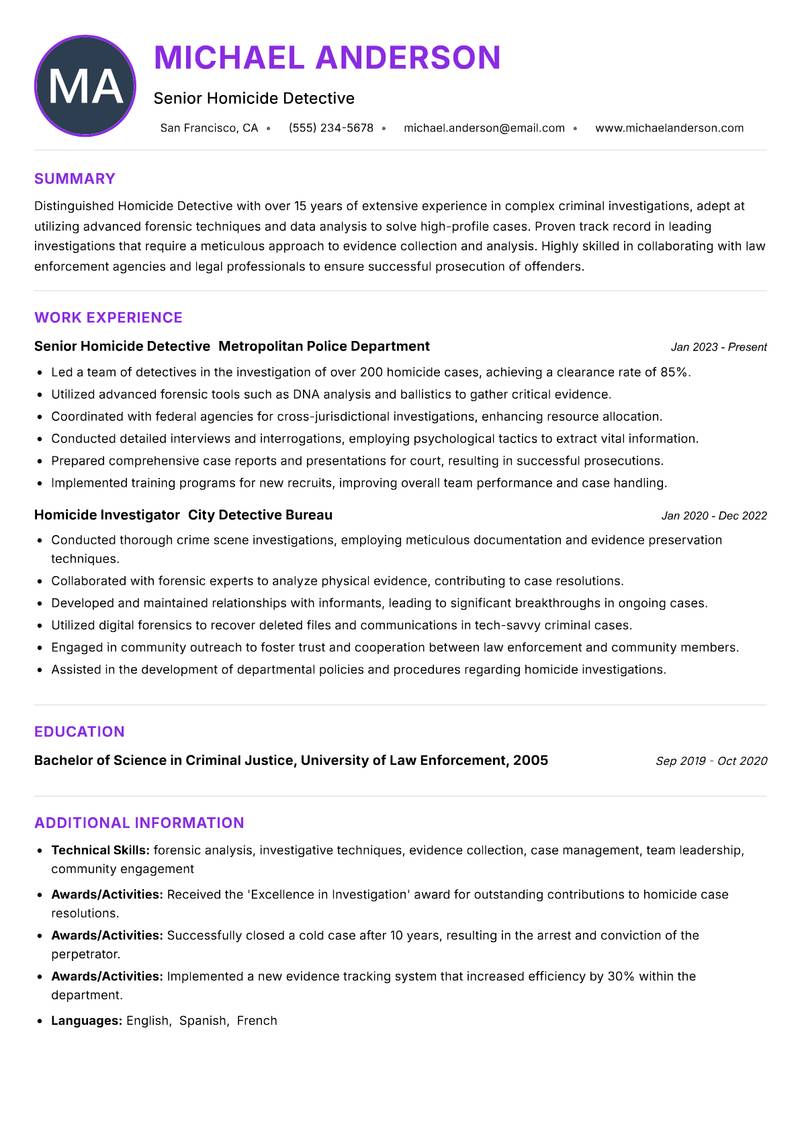 Homicide Detective Resume Preview Example