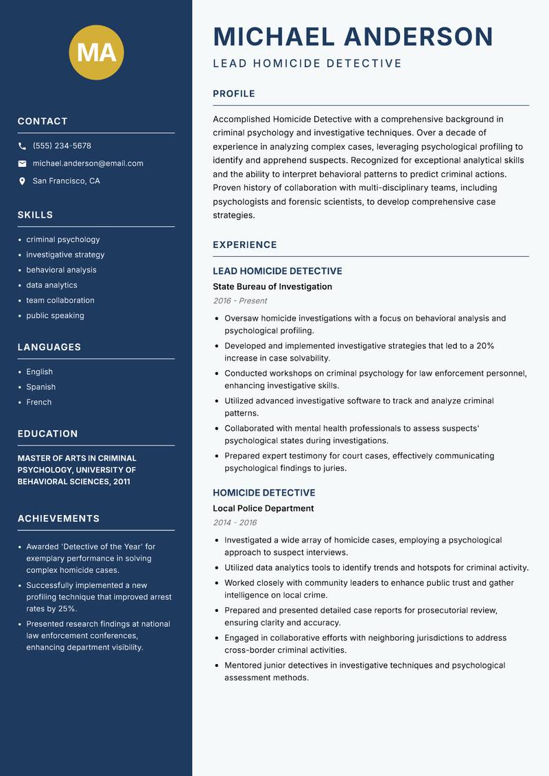 Homicide Detective Resume Preview Example