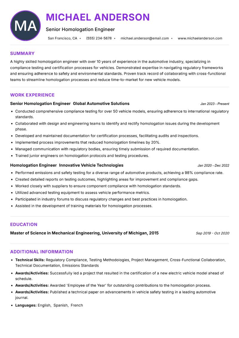 Homologation Engineer Resume Preview Example
