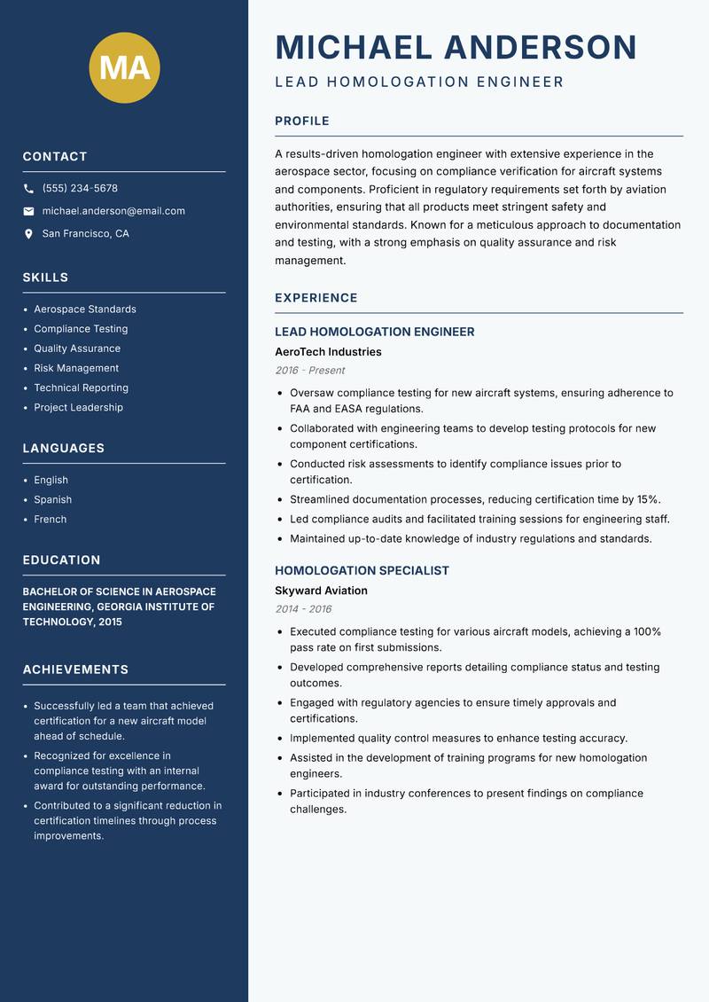 Homologation Engineer Resume Preview Example