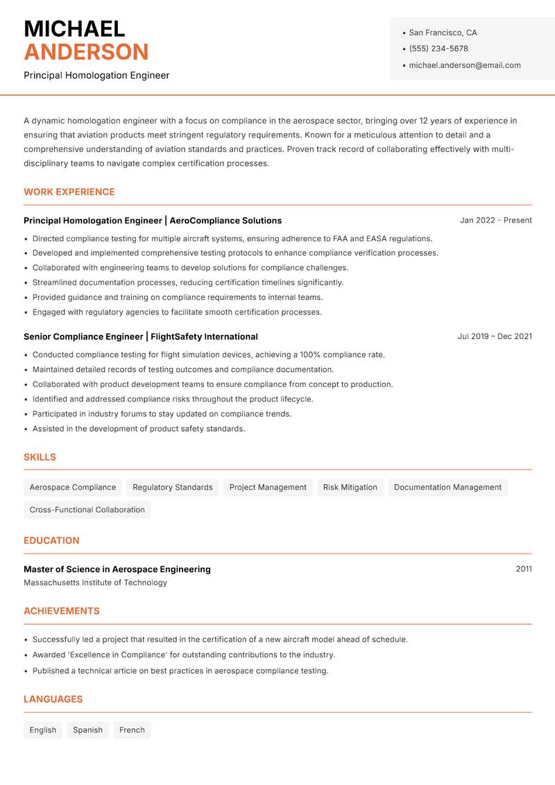 Homologation Engineer Resume Template