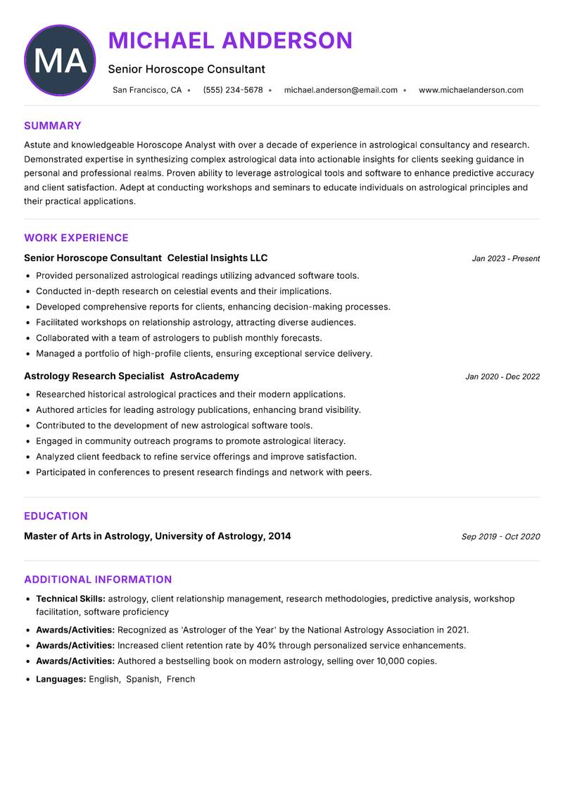 Horoscope Analyst Resume Preview Example