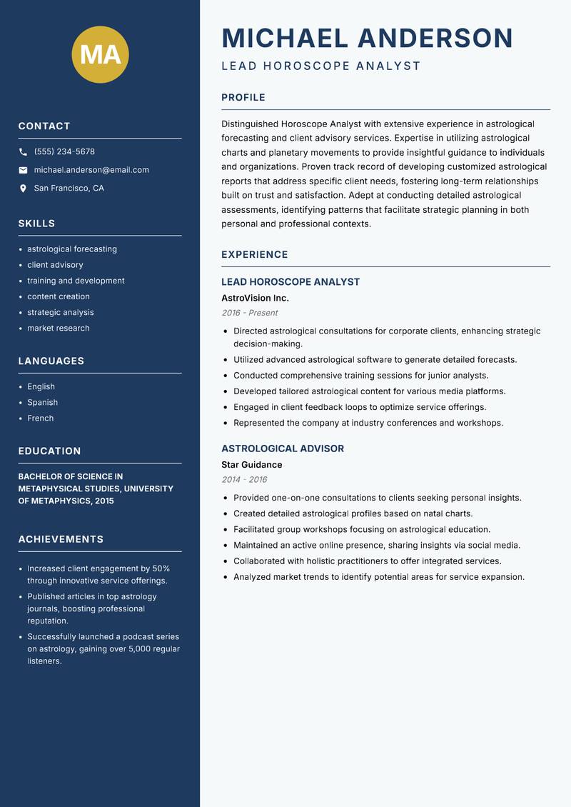 Horoscope Analyst Resume Preview Example