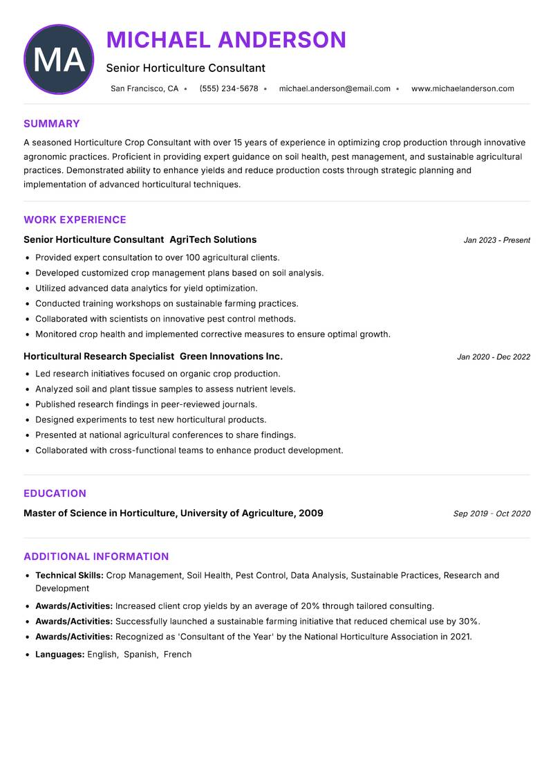 Horticulture Crop Consultant Resume Preview Example
