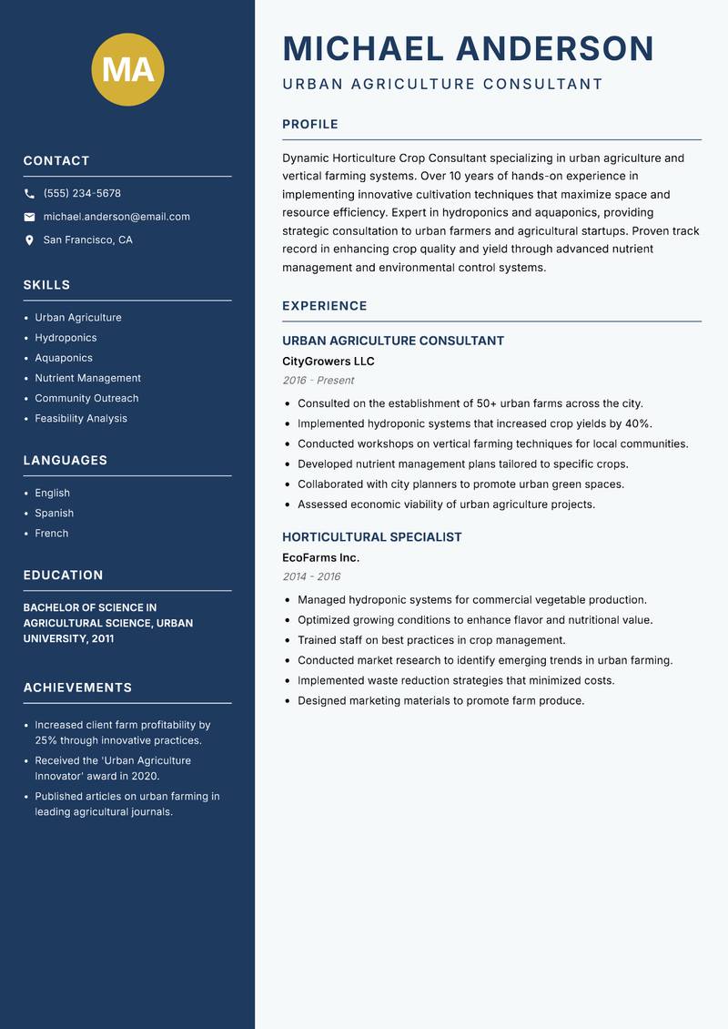 Horticulture Crop Consultant Resume Preview Example