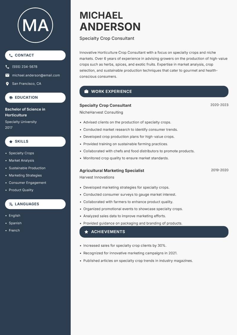Horticulture Crop Consultant Resume Preview Example