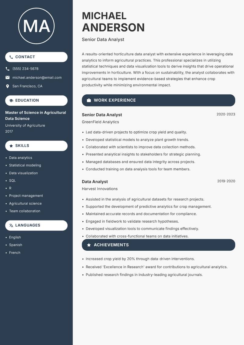 Horticulture Data Analyst Resume Preview Example