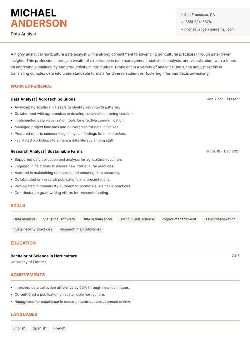 Horticulture Data Analyst Resume Template