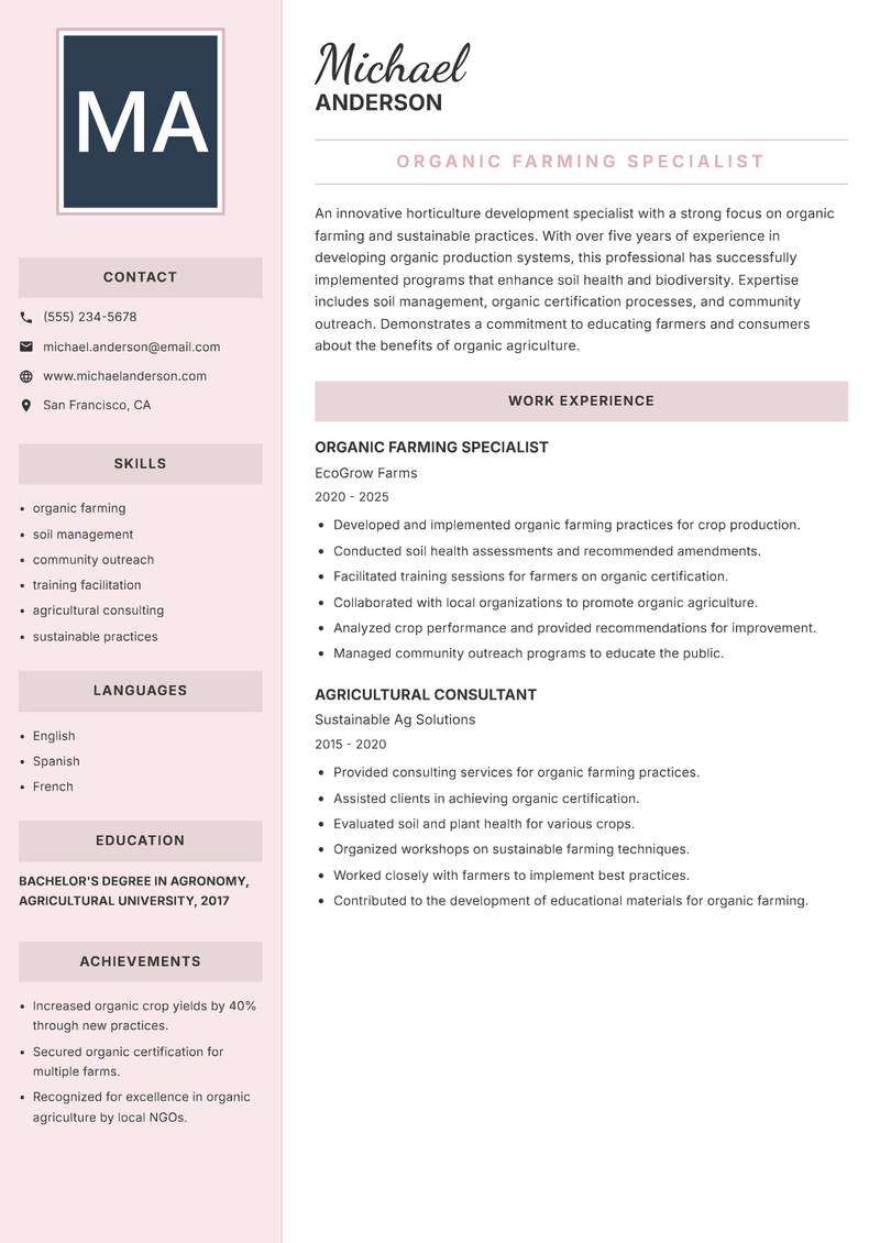 Horticulture Development Specialist Resume Preview Example