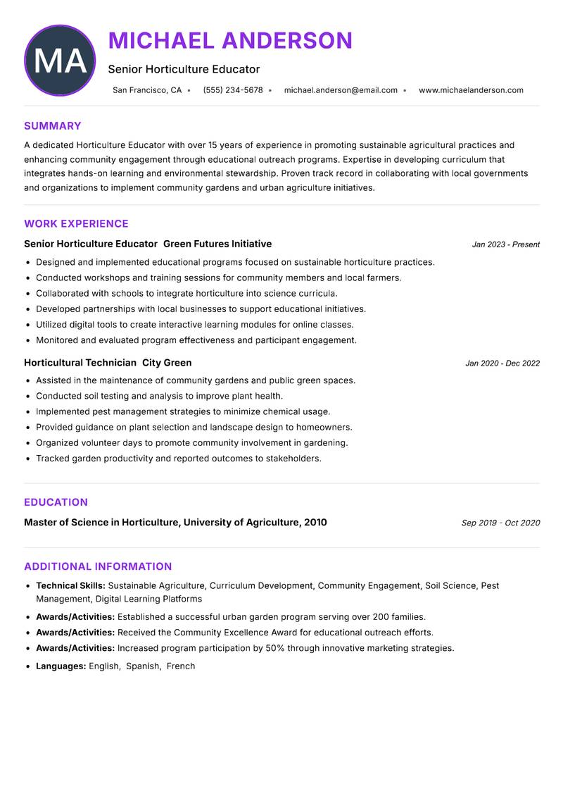Horticulture Educator Resume Preview Example