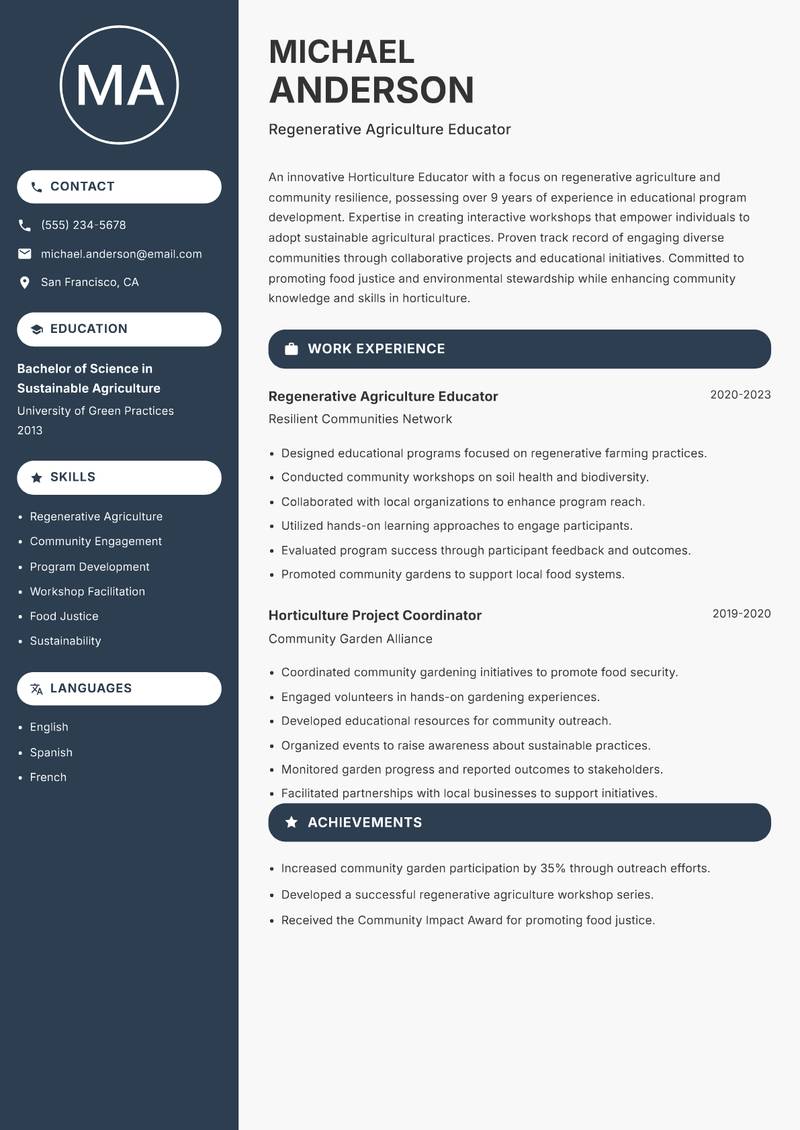 Horticulture Educator Resume Preview Example
