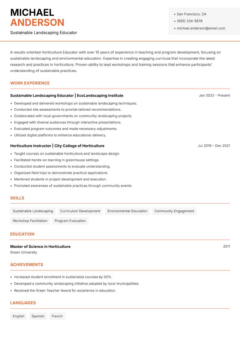 Horticulture Educator Resume Template