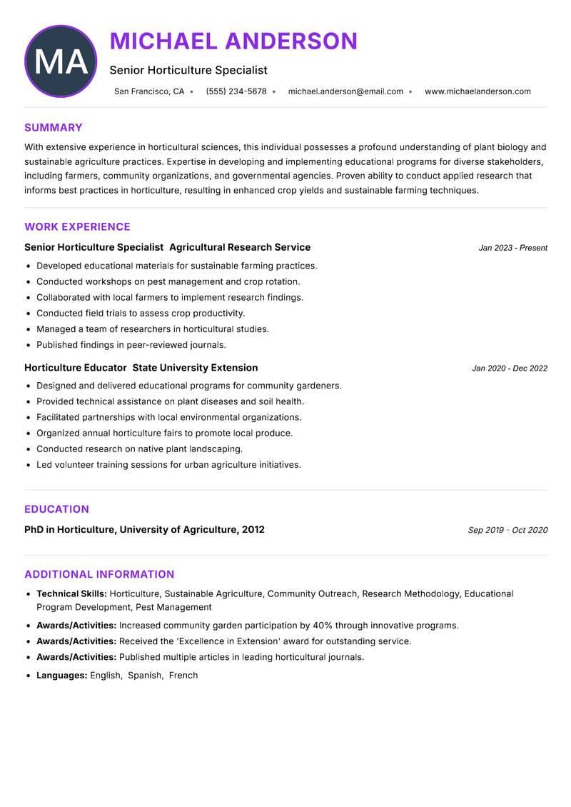 Horticulture Extension Specialist Resume Preview Example