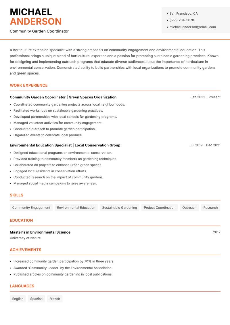 Horticulture Extension Specialist Resume Template
