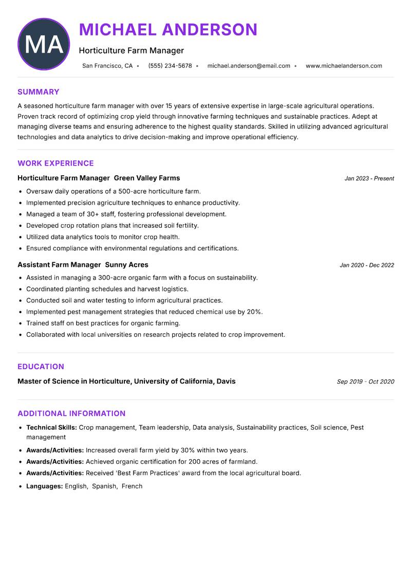 Horticulture Farm Manager Resume Preview Example