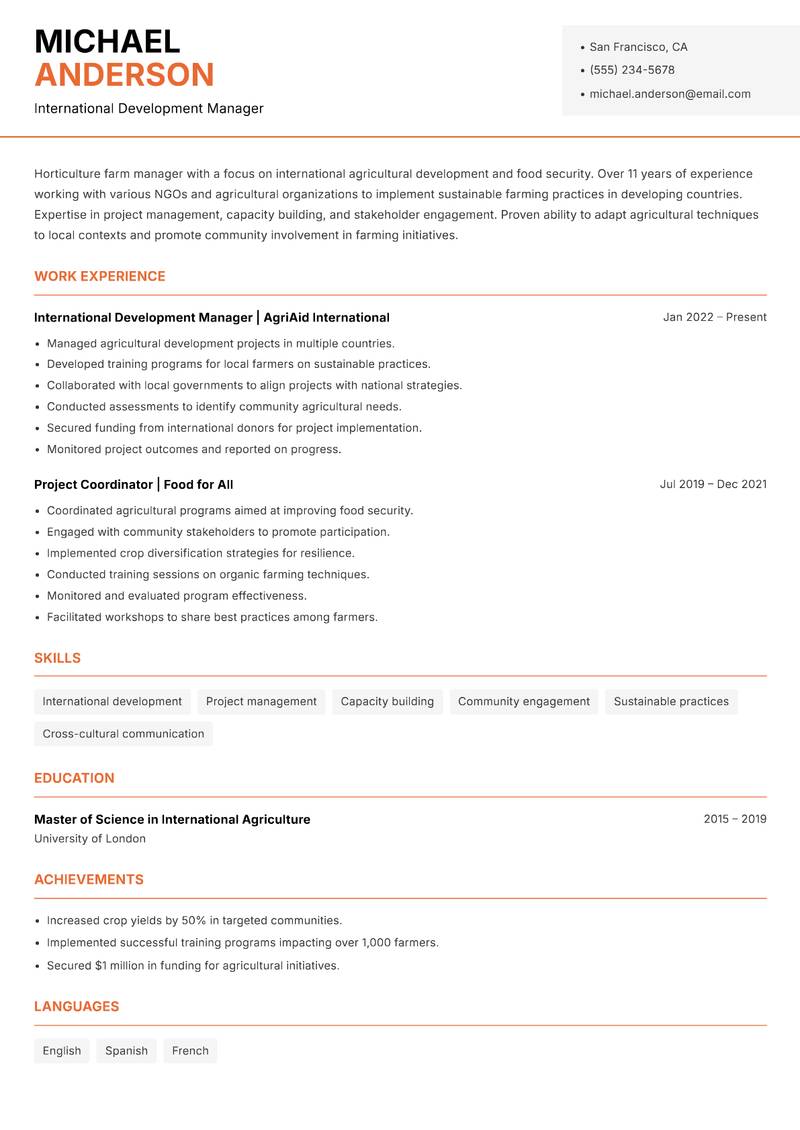Horticulture Farm Manager Resume Template