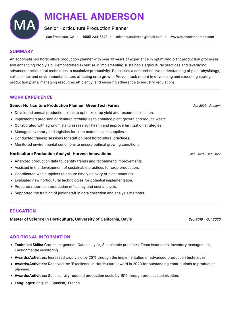 Horticulture Production Planner Resume Preview Example