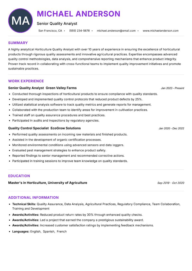 Horticulture Quality Analyst Resume Preview Example