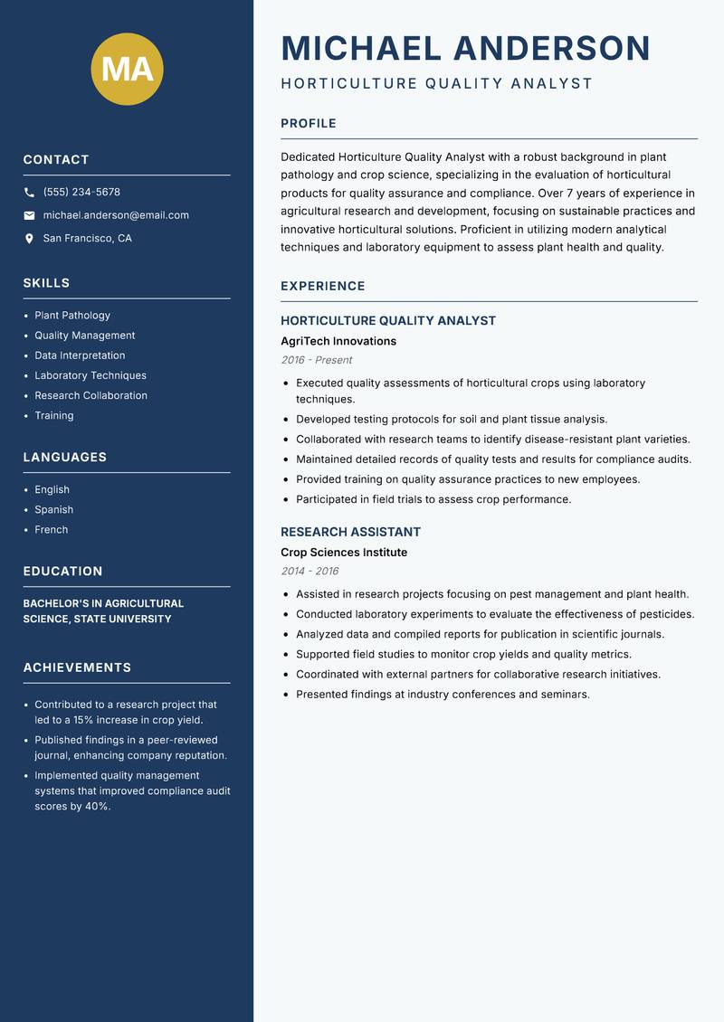 Horticulture Quality Analyst Resume Preview Example
