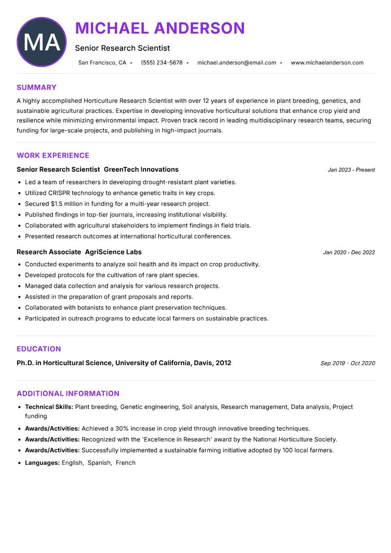 Horticulture Research Scientist Resume Preview Example