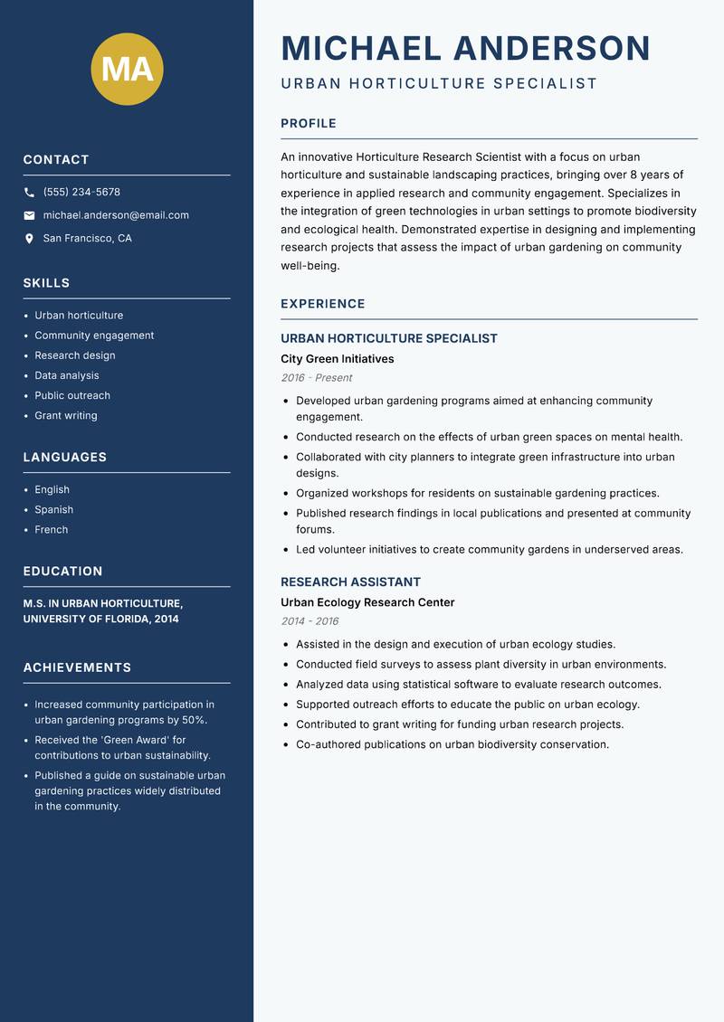 Horticulture Research Scientist Resume Preview Example
