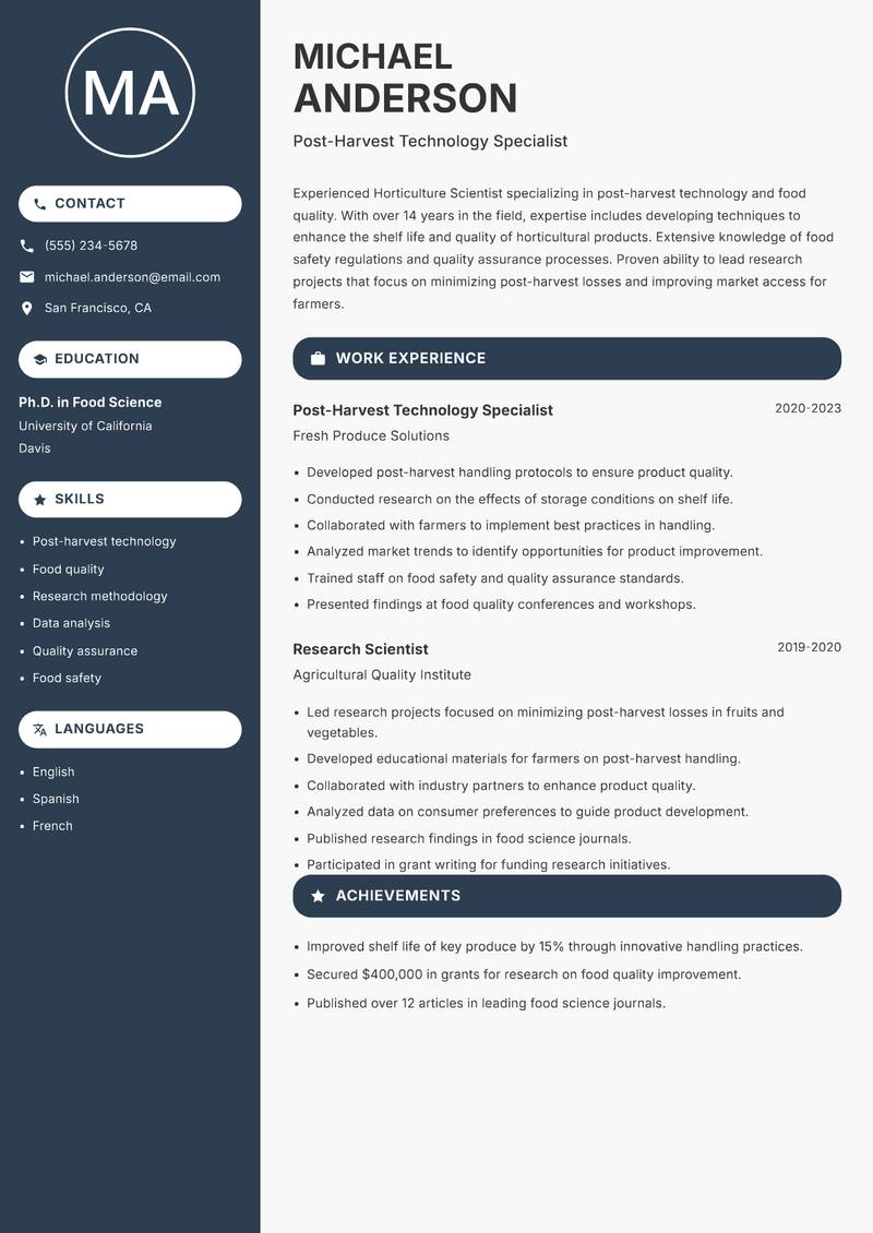 Horticulture Scientist Resume Preview Example