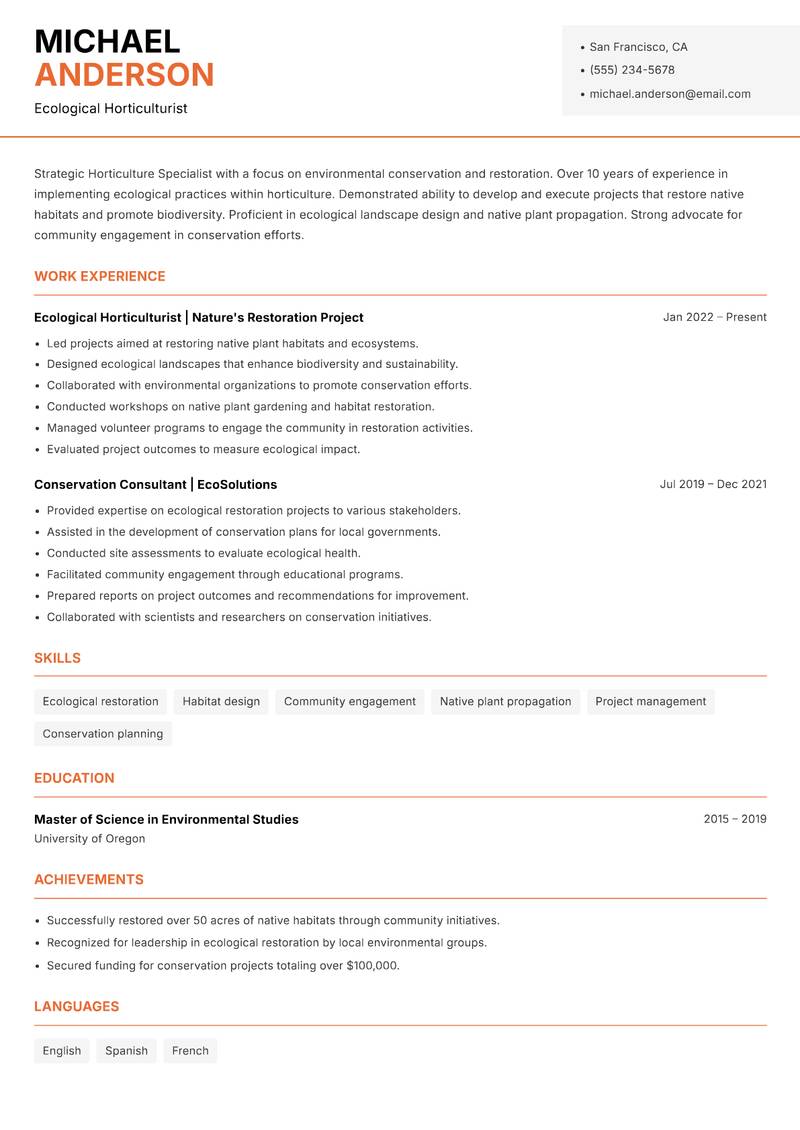 Horticulture Specialist Resume Template