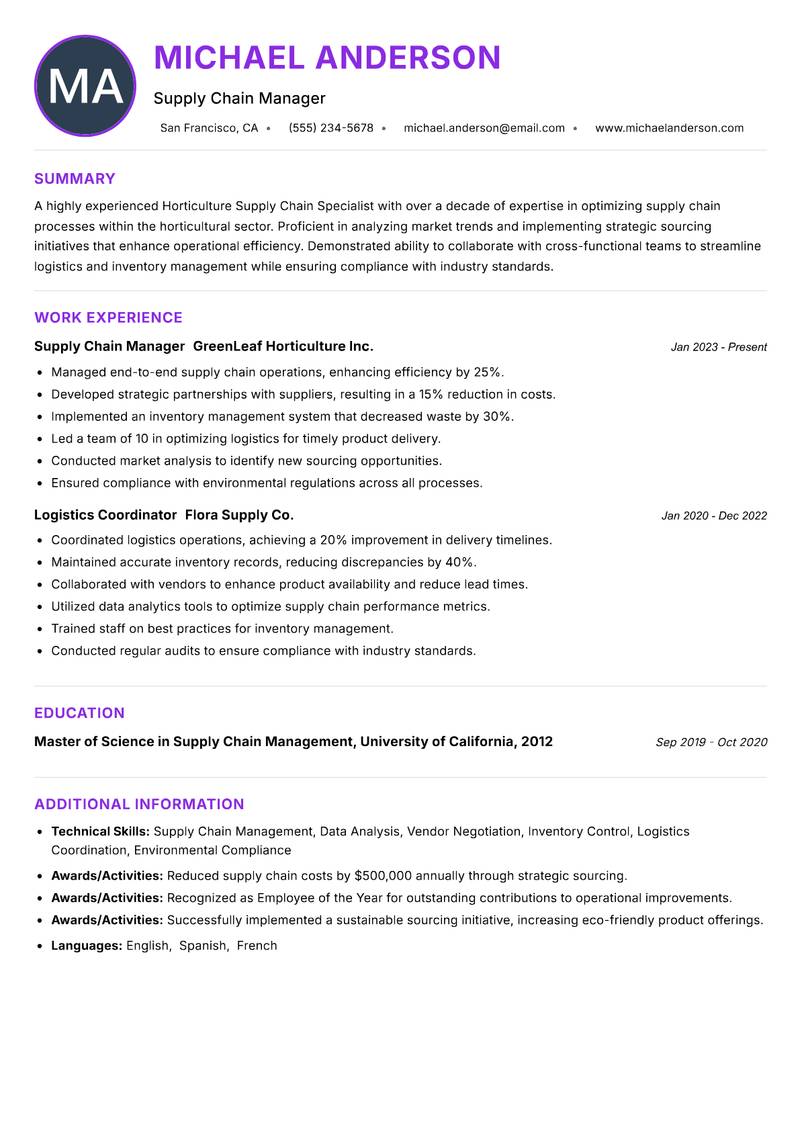 Horticulture Supply Chain Specialist Resume Preview Example