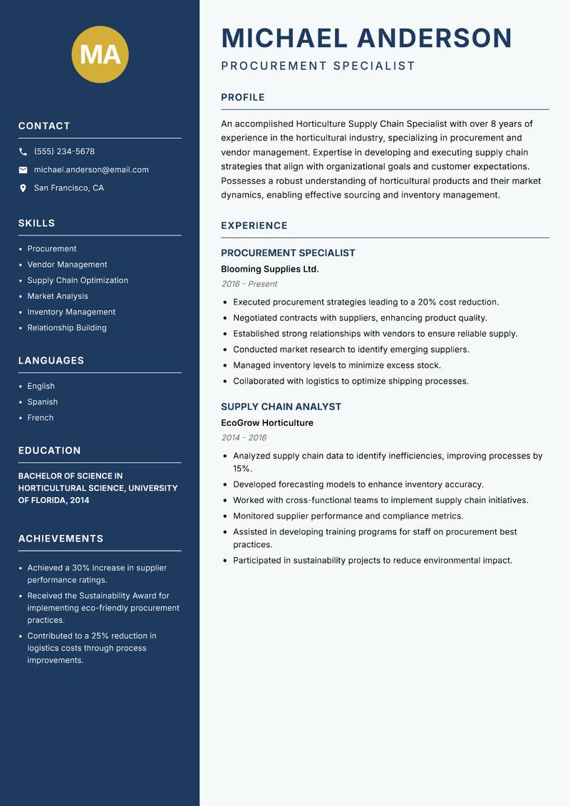 Horticulture Supply Chain Specialist Resume Preview Example