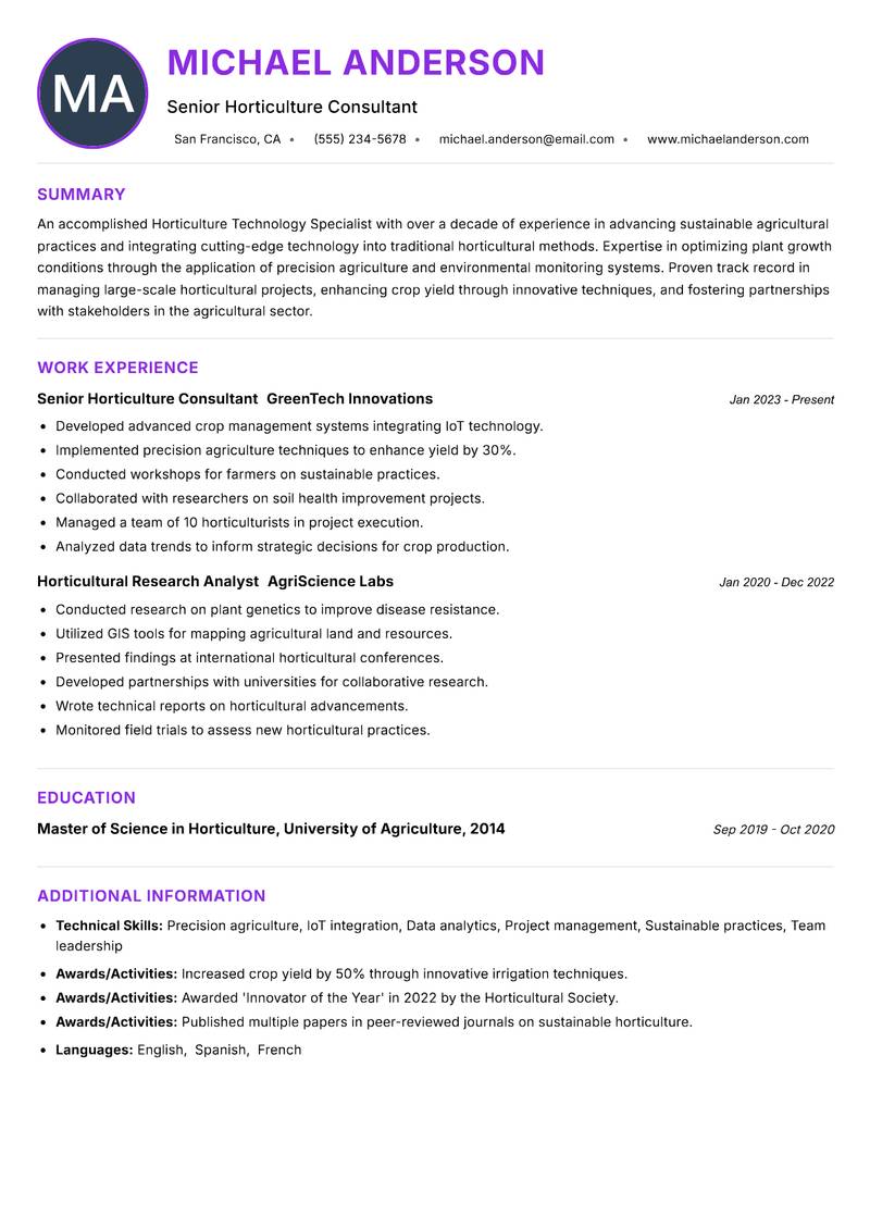 Horticulture Technology Specialist Resume Preview Example