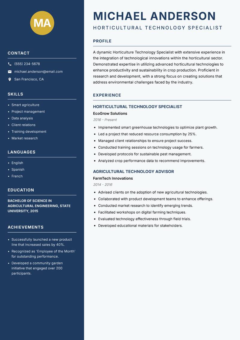 Horticulture Technology Specialist Resume Preview Example