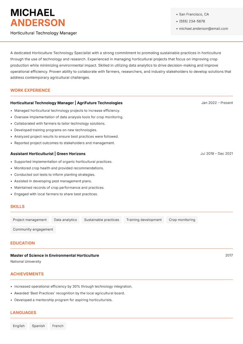 Horticulture Technology Specialist Resume Template