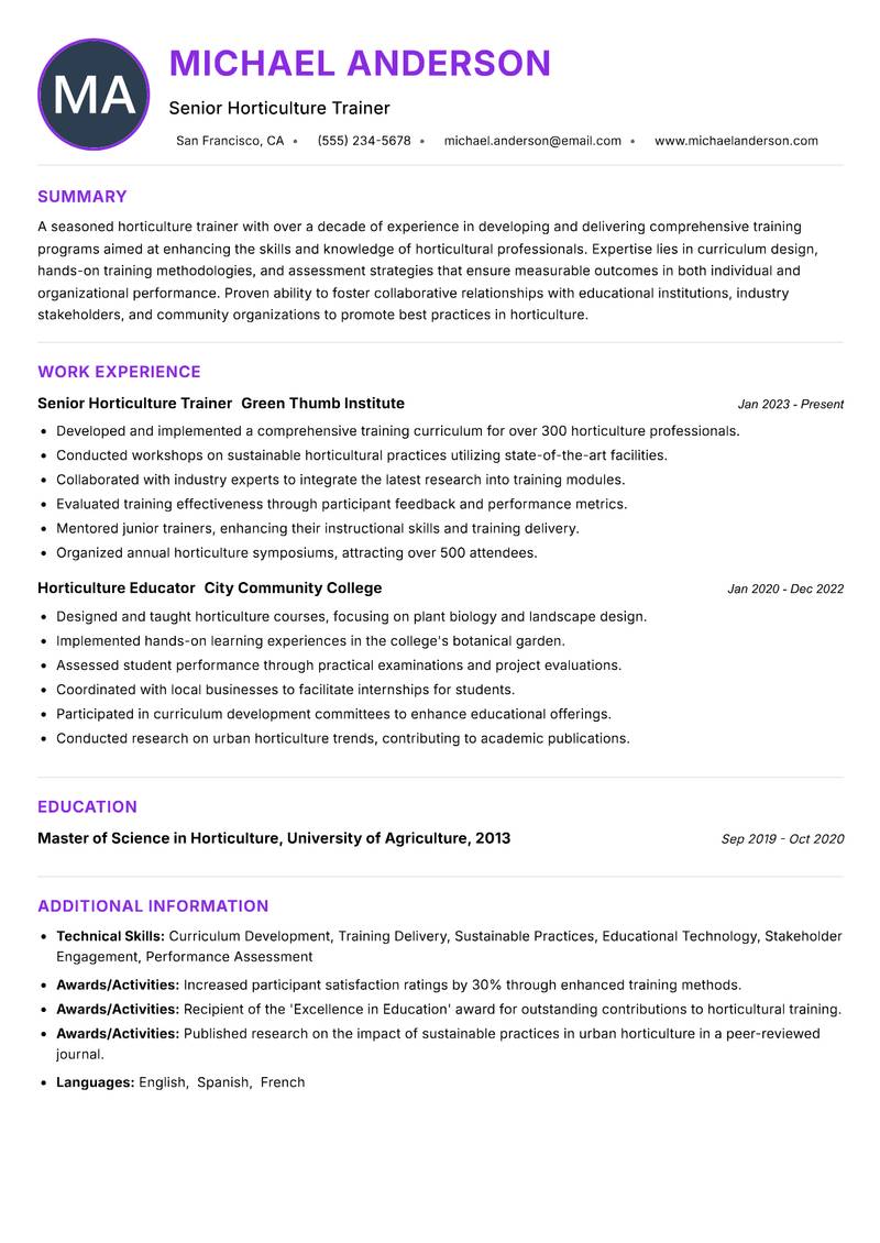 Horticulture Trainer Resume Preview Example