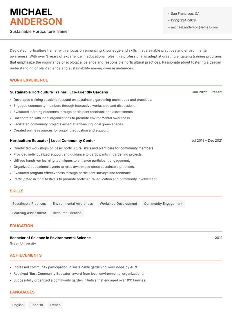 Horticulture Trainer Resume Template