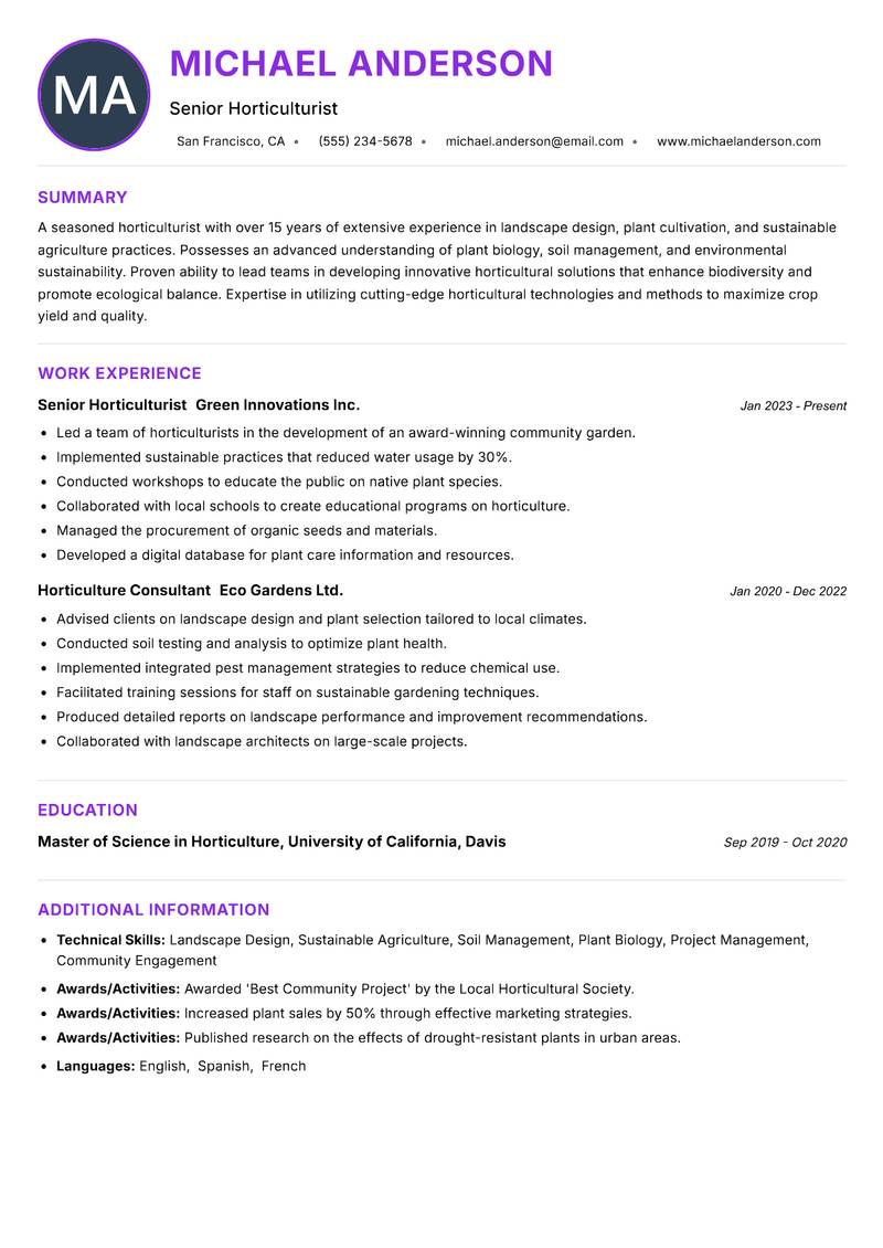 Horticulturist Resume Preview Example