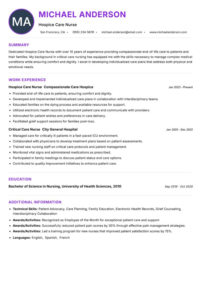 Hospice Care Nurse Resume Preview Example