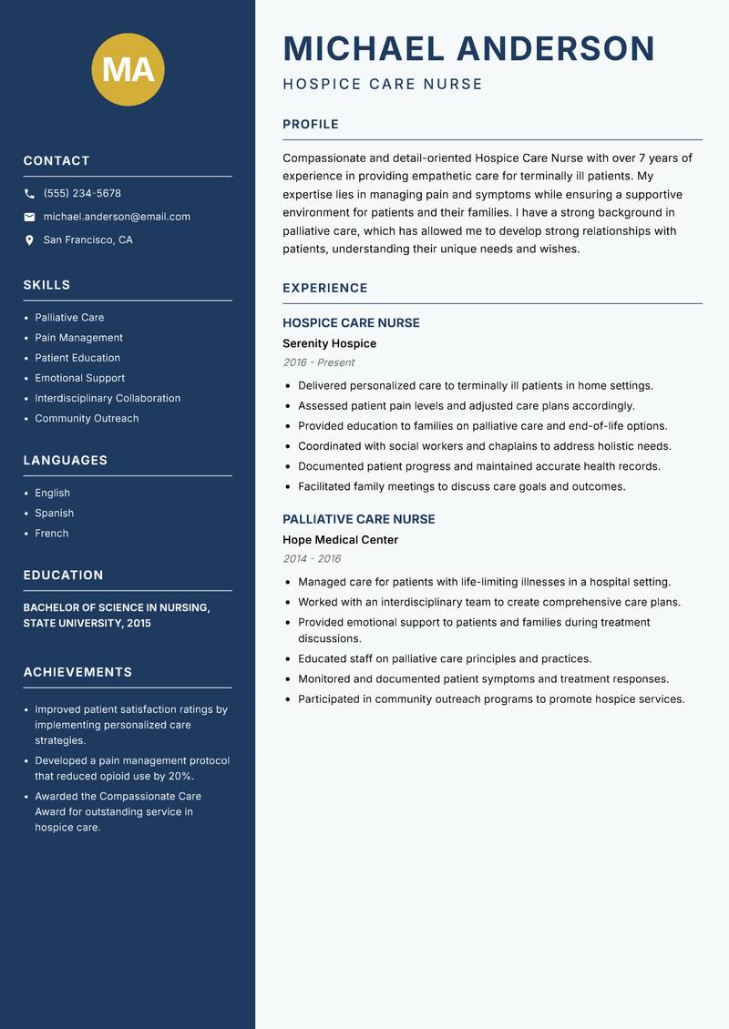 Hospice Care Nurse Resume Preview Example