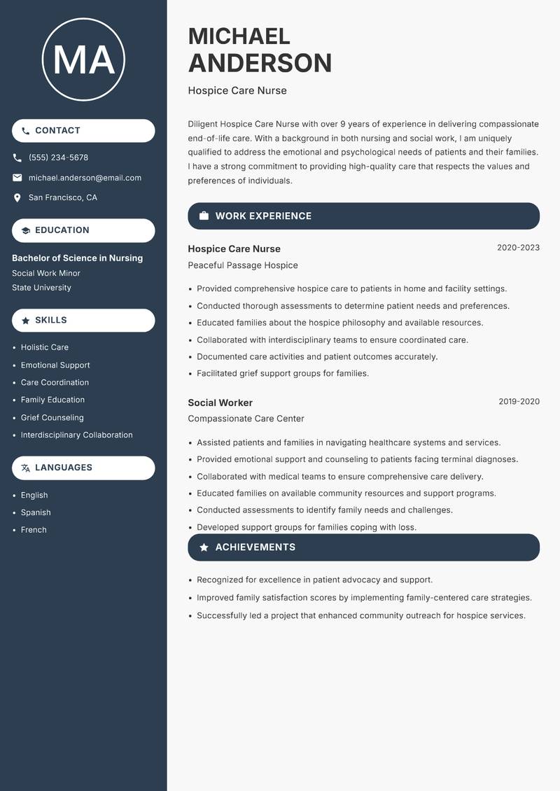 Hospice Care Nurse Resume Preview Example