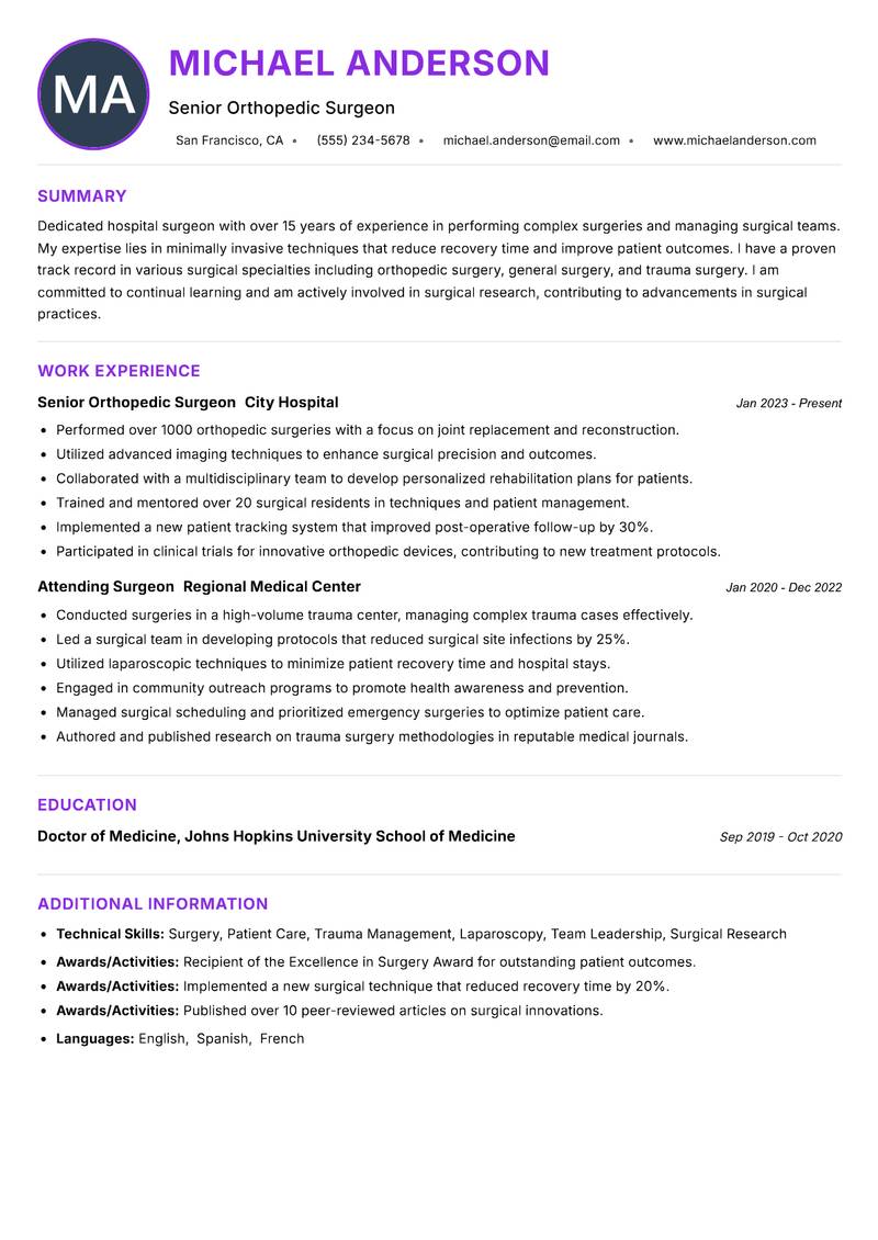Hospital Surgeon Resume Preview Example