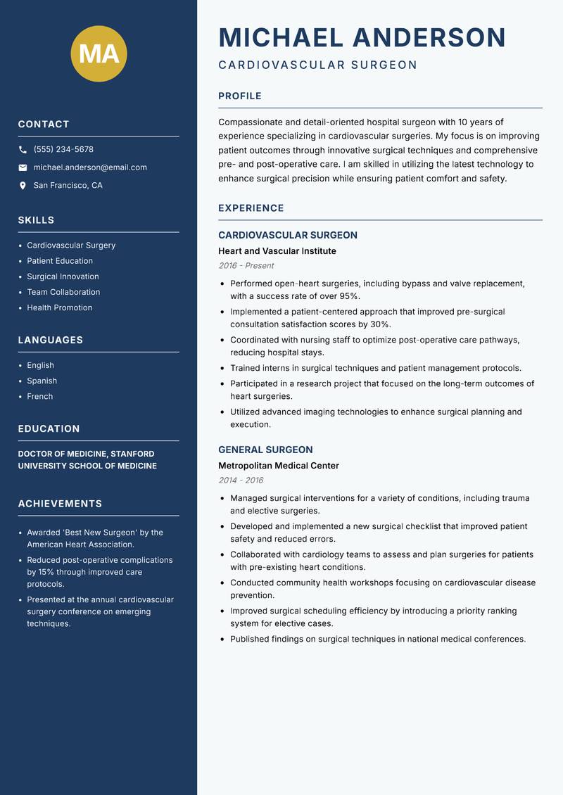 Hospital Surgeon Resume Preview Example